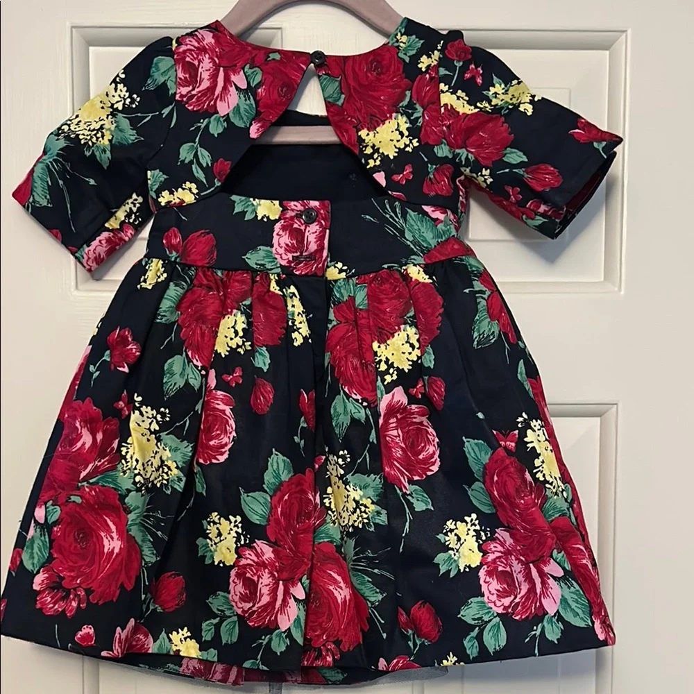 Janie and Jack Black Floral Bow Dress with Red and Yellow Blooms